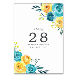 Turquoise en Yellow Floral Wedding Table Number Kaart