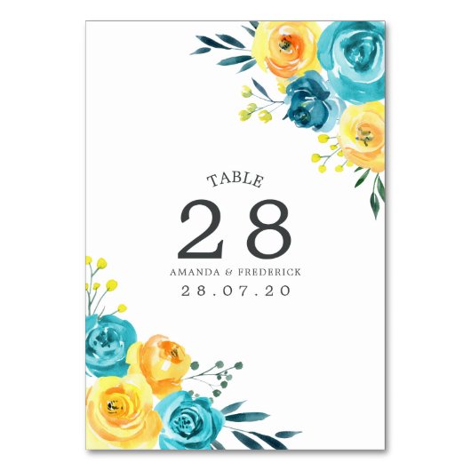 Turquoise en Yellow Floral Wedding Table Number Kaart (Voorkant)