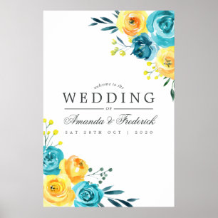 Turquoise en Yellow Floral Wedding Welcome Poster