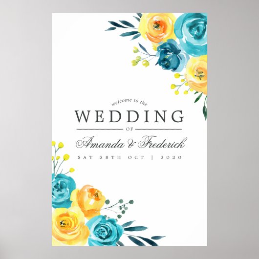 Turquoise en Yellow Floral Wedding Welcome Poster (Voorkant)