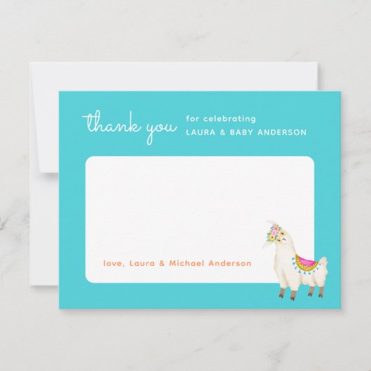 Turquoise en Yellow Llama Baby shower Bedankkaart (Voorkant)