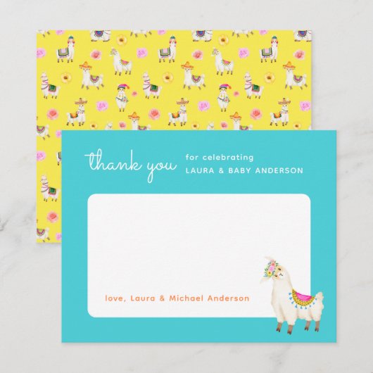 Turquoise en Yellow Llama Baby shower Bedankkaart (Voorkant / Achterkant)