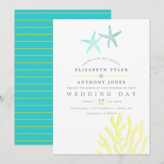Turquoise en Yellow themed Beach Wedding Kaart (Voorkant / Achterkant)