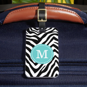 Turquoise en Zebra Print Custom Monogram Bagagelabel