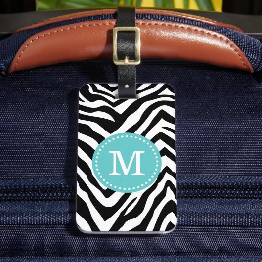 Turquoise en Zebra Print Custom Monogram Bagagelabel (Voorkant Insitu 2)