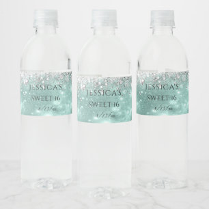 Turquoise en zilver glinsterende glitters Sweet 16 Waterfles Etiket