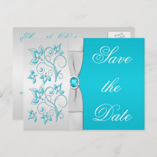 Turquoise en Zilveren Bloemen Bewaar de Datum Aankondigingskaart (Voorkant / Achterkant)