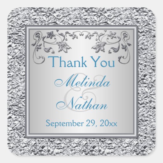 Turquoise en zilveren bloemenbruiloft gunst Sticke Vierkante Sticker (Voorkant)