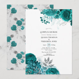 Turquoise en Zilveren Bloemenkoppel Shower Kaart