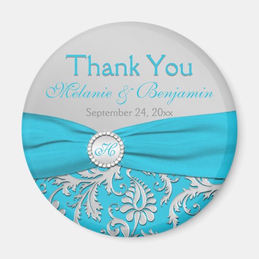Turquoise en Zilveren Damask Bruiloft Favor Magnet (Voorkant)