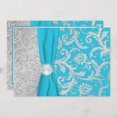 Turquoise en Zilveren Damast bruiloft uitnodiging (Voorkant / Achterkant)