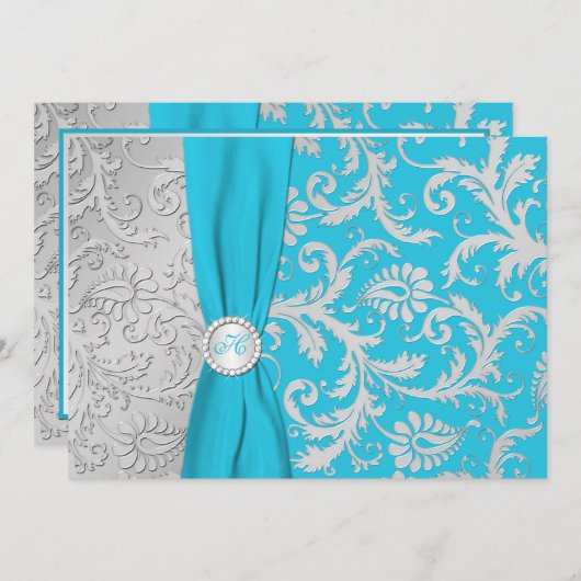 Turquoise en Zilveren Damast bruiloft uitnodiging (Voorkant / Achterkant)