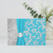 Turquoise en Zilveren Damast RSVP-kaart RSVP Kaartje (Staand voorkant)