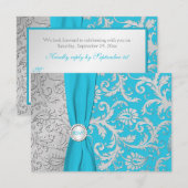 Turquoise en Zilveren Damast RSVP-kaart RSVP Kaartje (Voorkant / Achterkant)