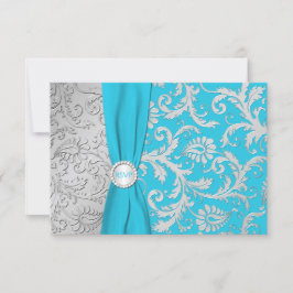 Turquoise en Zilveren Damast RSVP-kaart RSVP Kaartje