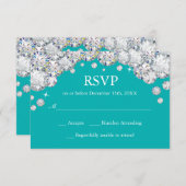 Turquoise en zilveren diamant glitters RSVP kaart (Voorkant / Achterkant)