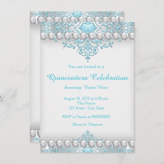 Turquoise en zilveren diamant Quinceanera Kaart (Voorkant / Achterkant)