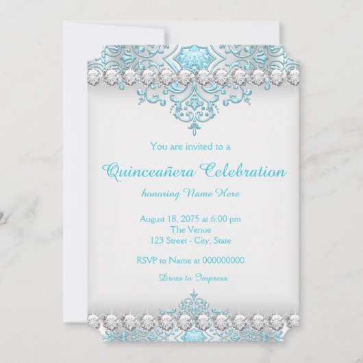 Turquoise en zilveren diamant Quinceanera Kaart (Voorkant)