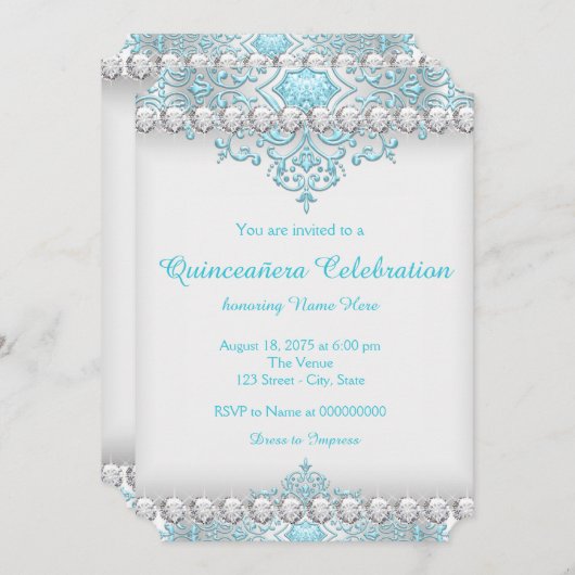 Turquoise en zilveren diamant Quinceanera Kaart (Voorkant / Achterkant)