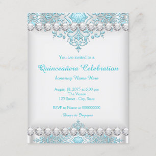 Turquoise en Zilveren Diamanten Quinceanera Kaart