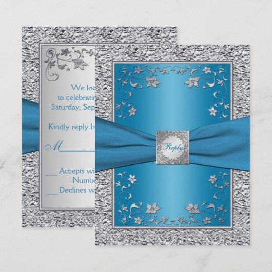 Turquoise en Zilveren Folie RSVP Kaart (Voorkant / Achterkant)
