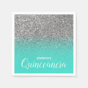 Turquoise en Zilveren Glitter Ombre Quinceanera Servet