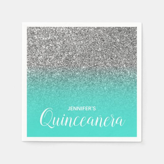 Turquoise en Zilveren Glitter Ombre Quinceanera Servet (Voorkant)