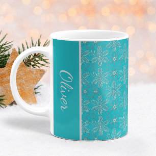 Turquoise en Zilveren Sneeuwvlokken Kerstmok Koffiemok
