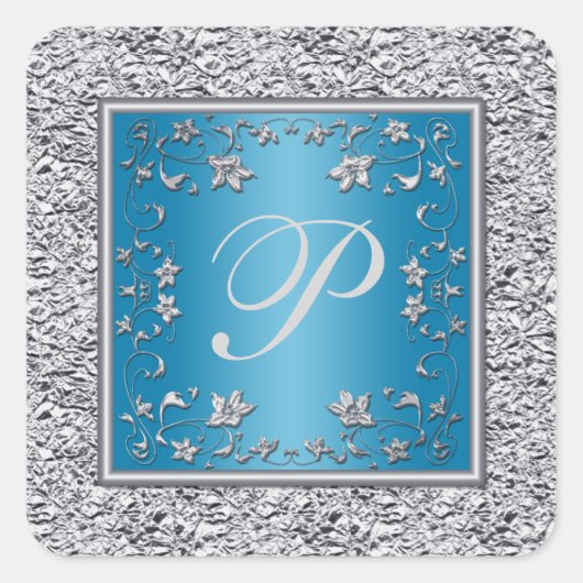 Turquoise en zilverfolie Floral Monogram Sticker (Voorkant)