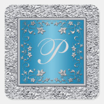Turquoise en zilverfolie Floral Monogram Sticker