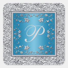 Turquoise en zilverfolie Floral Monogram Sticker