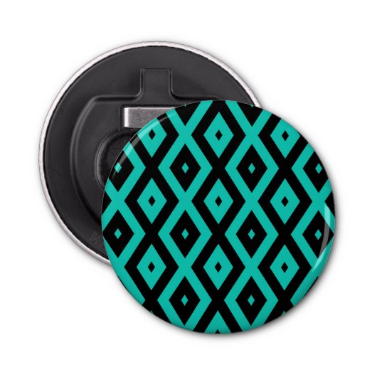 Turquoise en zwart diamantpatroon button flesopener (Voorkant)