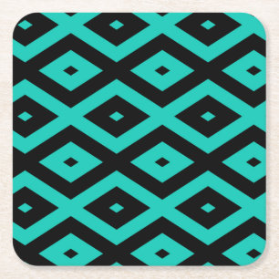 Turquoise en zwart diamantpatroon kartonnen onderzetters