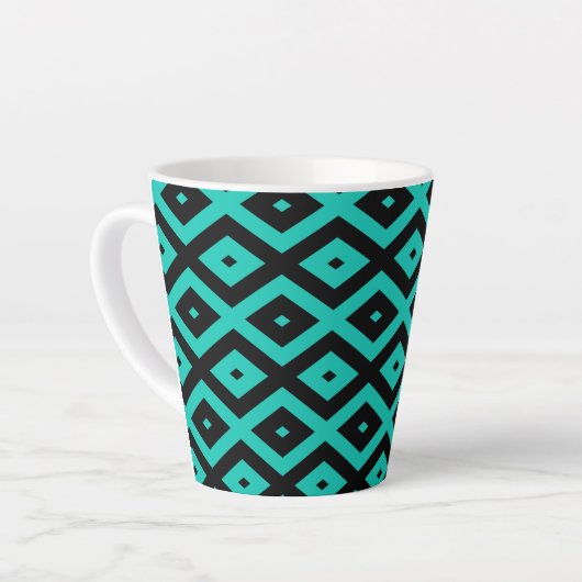 Turquoise en zwart diamantpatroon latte mok (Linkerhoek)