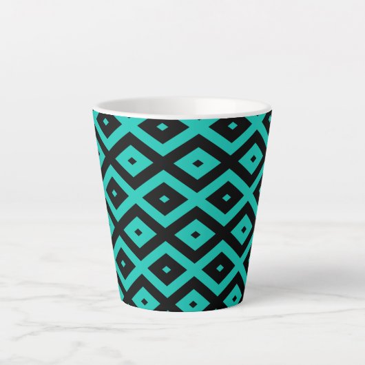 Turquoise en zwart diamantpatroon latte mok (Voorkant)