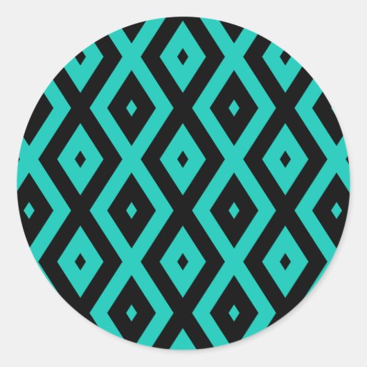 Turquoise en zwart diamantpatroon ronde sticker (Voorkant)