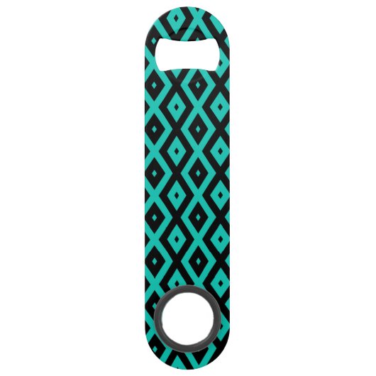 Turquoise en zwart diamantpatroon speed flessenopener (Voorkant)