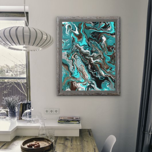 Turquoise en zwart satijn Fluid Art Foto Afdruk