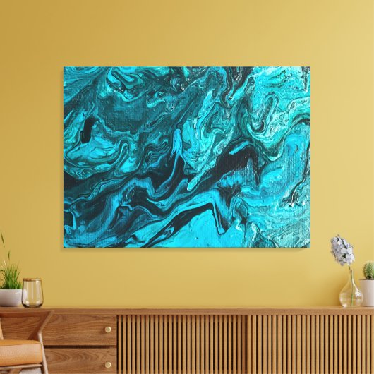 Turquoise en zwarte Abstracte schilderkunst Canvas Afdruk (Insitu (Woonkamer))