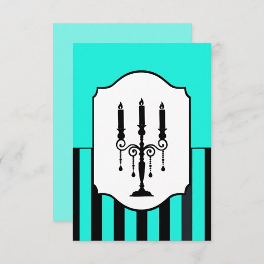 Turquoise en zwarte candelabra gestreepte RSVP-kaa RSVP Kaartje (Voorkant / Achterkant)