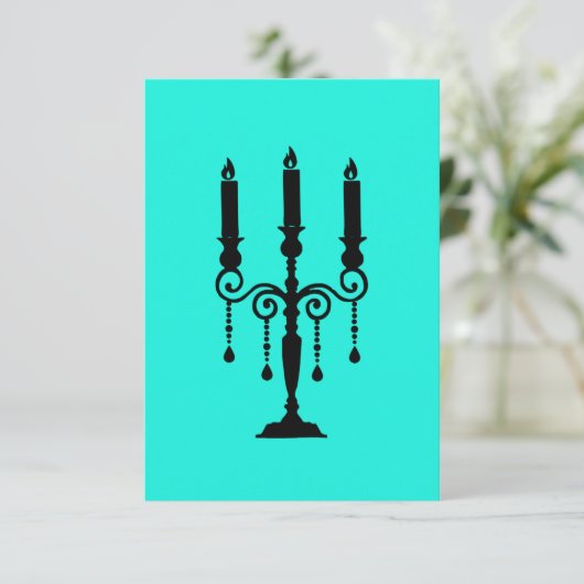 Turquoise en zwarte candelabra RSVP kaartje (Staand voorkant)