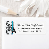 Turquoise en zwarte Damask Eiffeltoren Etiket (Insitu)