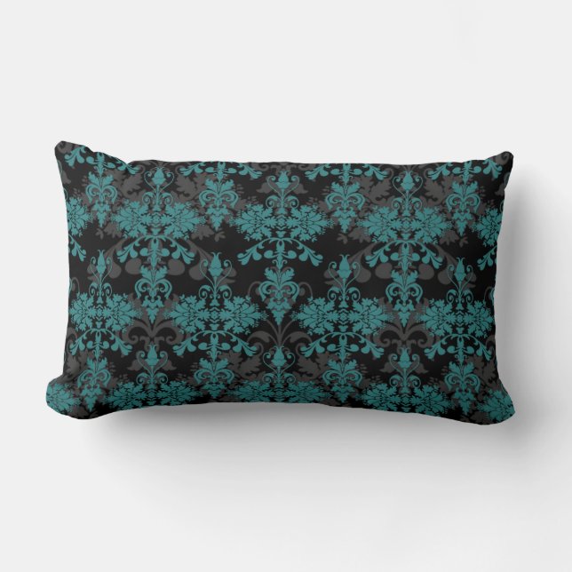 Turquoise en Zwarte Damast Kussen (Voorkant)