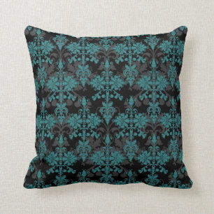 Turquoise en Zwarte Damast Kussen