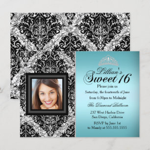 Turquoise en zwarte glitters damast foto Sweet 16 Kaart