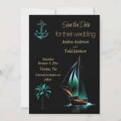 Turquoise en zwarte nautische bruiloft save the date (Voorkant)