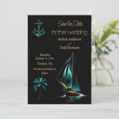 Turquoise en zwarte nautische bruiloft save the date (Staand voorkant)