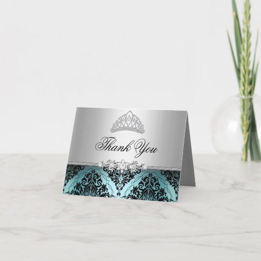 Turquoise en Zwarte Prinsessen Tiara Bedankkaart (Voorkant)