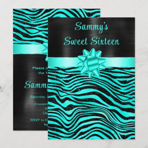 Turquoise en zwarte zebra strepen Sweet Sixteen Kaart