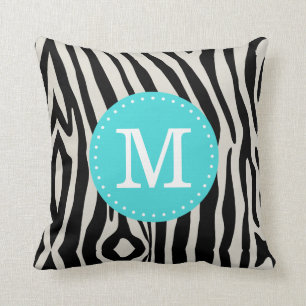 Turquoise en zwarte Zebra Stripe Custom Monogram Kussen